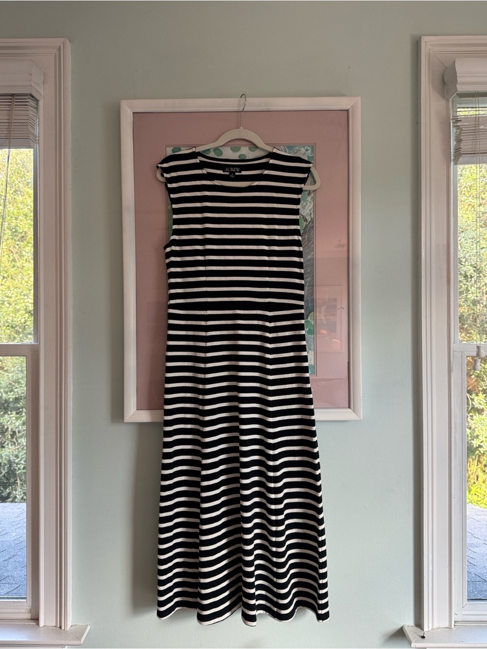 J. Crew Black and White Striped Sleeveless Midi Dress